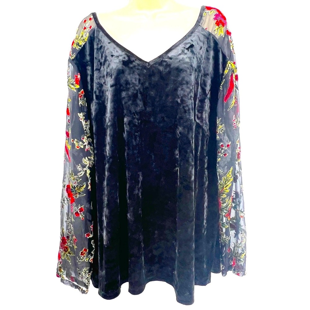 Adiva Womens Top 3X Black Velvet Sheer Embroidered‎ Red Floral Sleeves Romantic - Picture 2 of 8